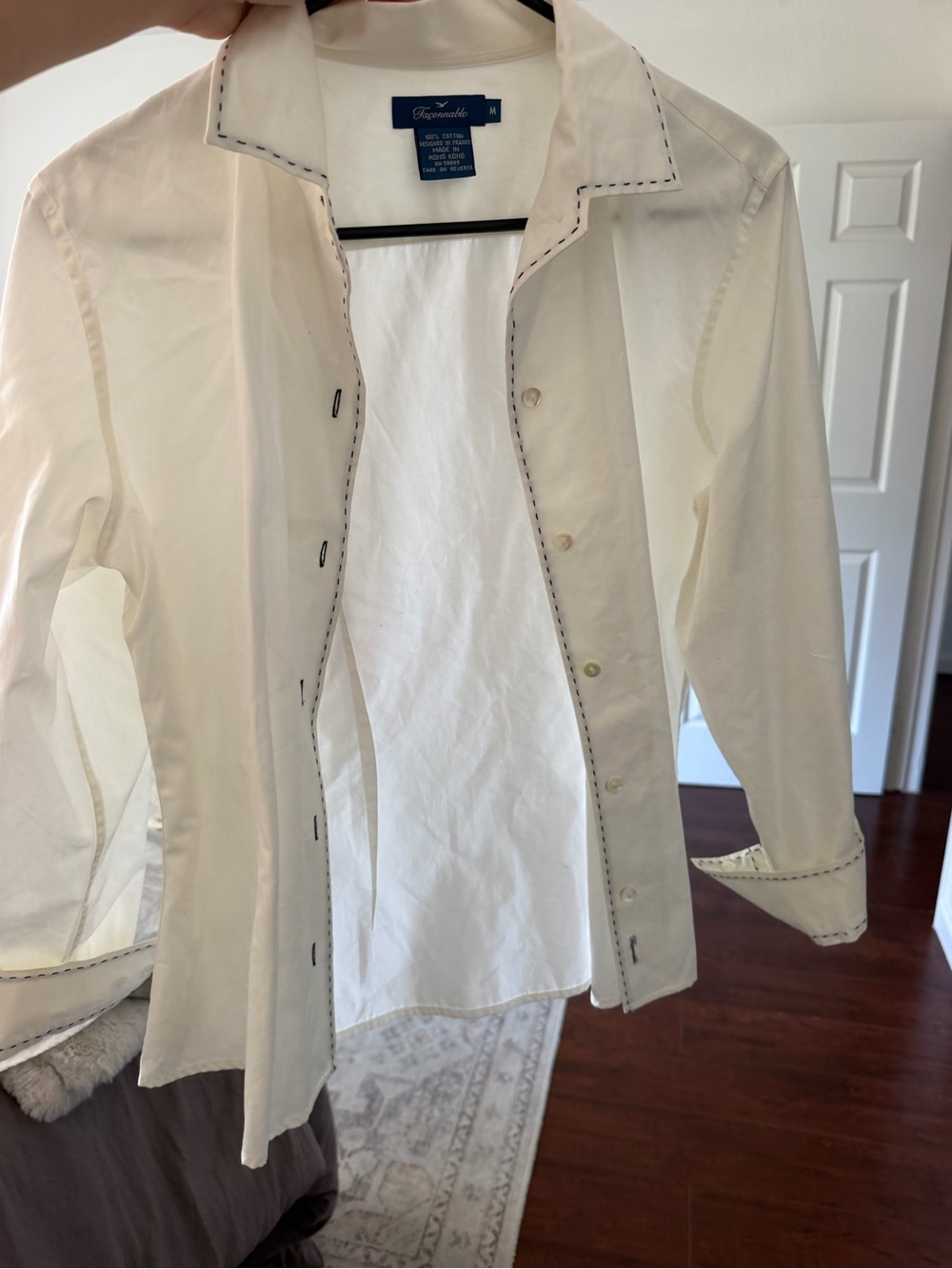 Faconnable Cream Button-Up Blouse with Contrast Stitching